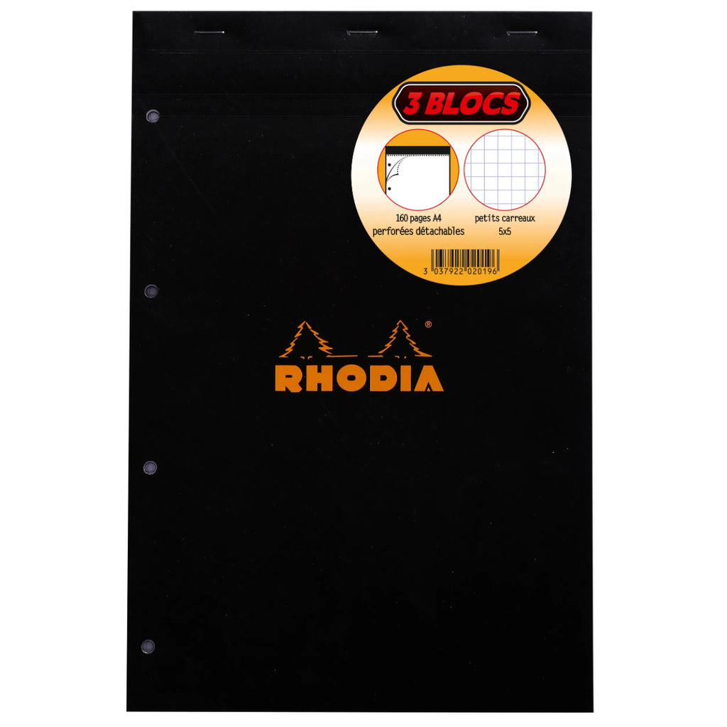 Rhodia Bloc A4+ à Spirale Lot de 3 160 Pages Quadrillage 5x5 Assorti Orange et Noir