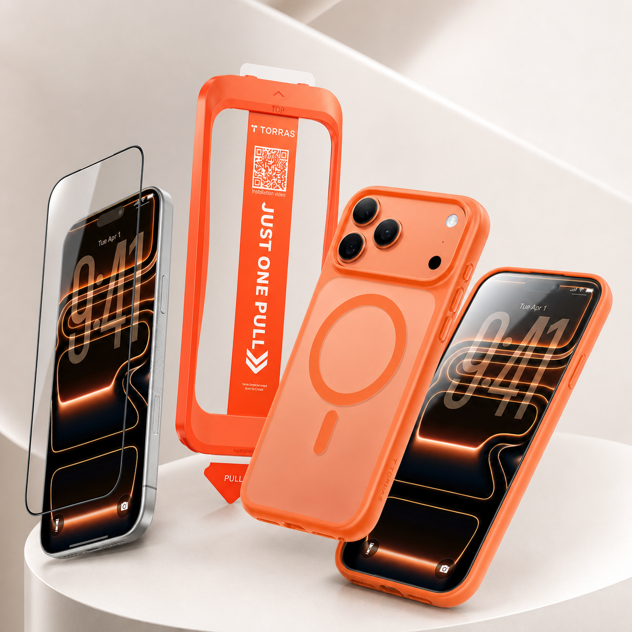 TORRAS Install Master Clear Screen Protector for iPhone 17 Pro + Guardian-Magnetic Orange Case