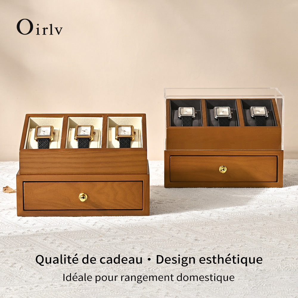 Oirlv 3 Grilds Boîte à montres en bois, organisateur de bijoux à double couche, boîte d'exposition pour montres, boîte de rangement anti-poussière avec couvercle transparent