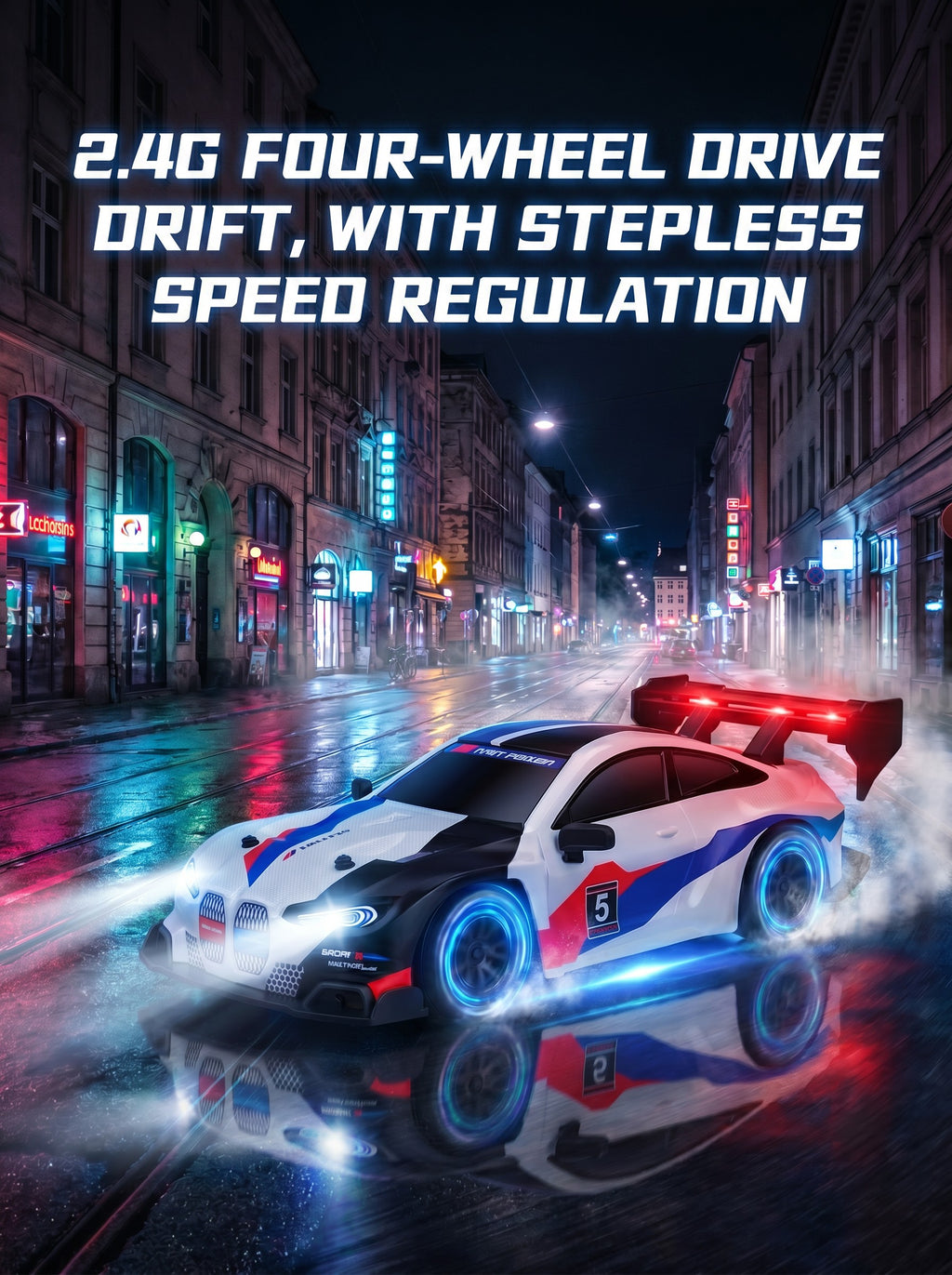 Voiture de Drift RC 4x4 BMW 1:24, Contrôle Proportionnel 2,4 g, Pneus Interchangeables, Éclairage LED Complet, Jouet de Loisirs d'Intérieur Portée 50 m pour 8 Ans et Plus, Une Pièce en Blanc