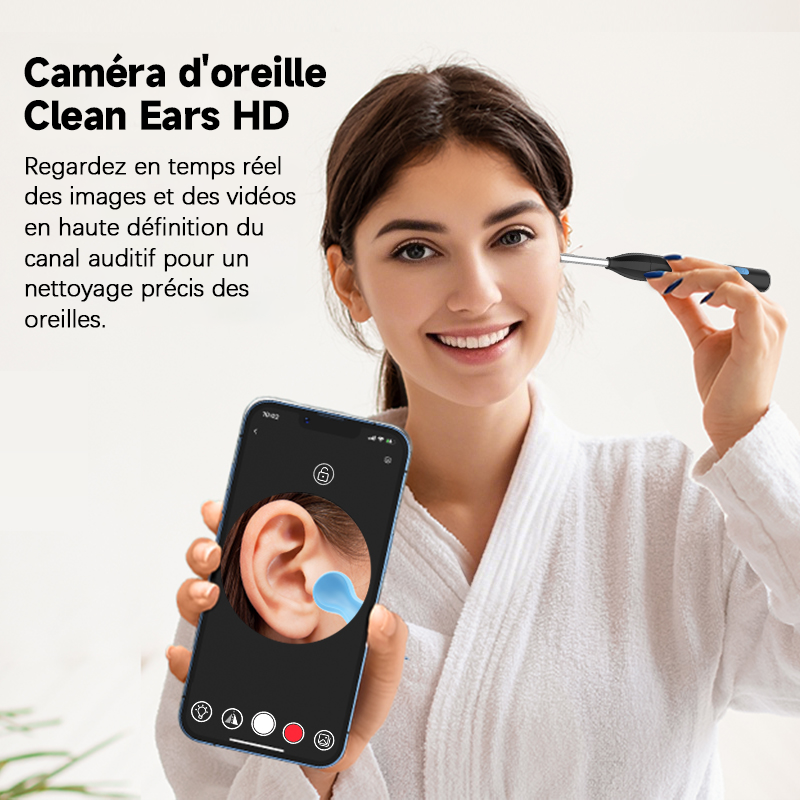 Sunluxy Outil d'extraction de cérumen avec caméra 5 MP et 7 kits, 6 lumières LED, embouts souples en silicone, étanche IPX5, rechargeable Type-C, compatible avec iOS et Android – P2, noir