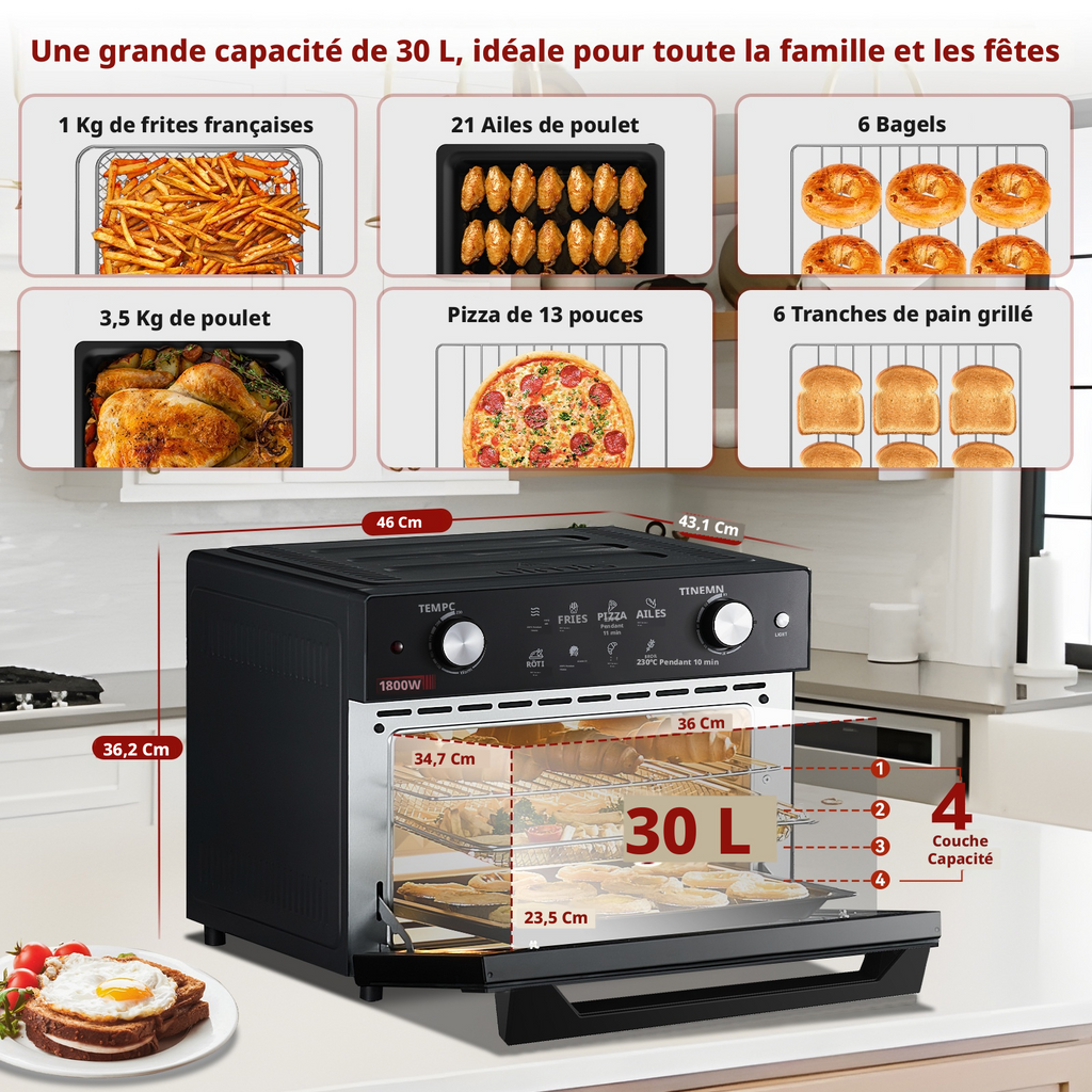 OIMIS Combiné friteuse sans huile et four à chaleur tournante 30 L, format familial, convient pour une pizza de 13 pouces, 1800 W, Noir