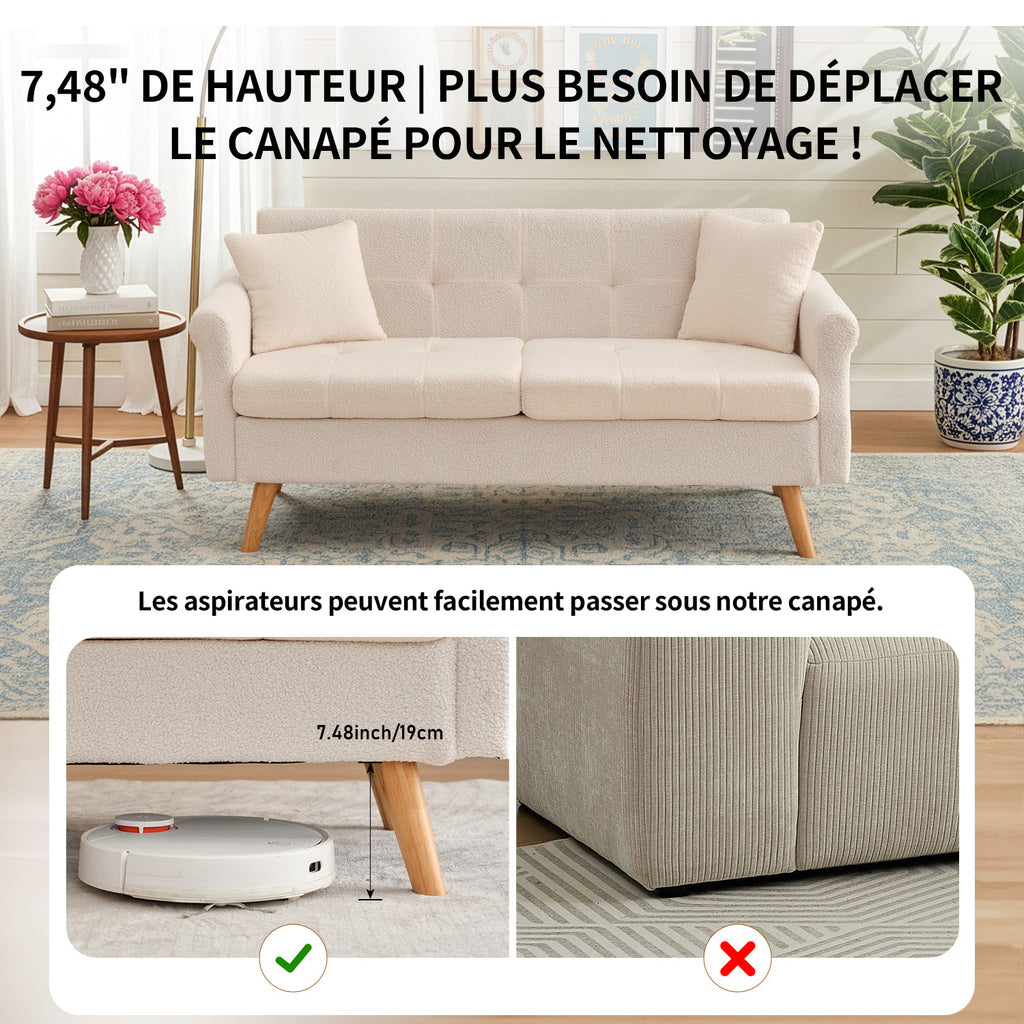 HONEYOU 164 cm Canapé de Salon Moderne Mid-Century, Petit Canapé Rembourré à Boutons Tuftés pour Salon & Chambre, Peluche à Poils Courts, Beige