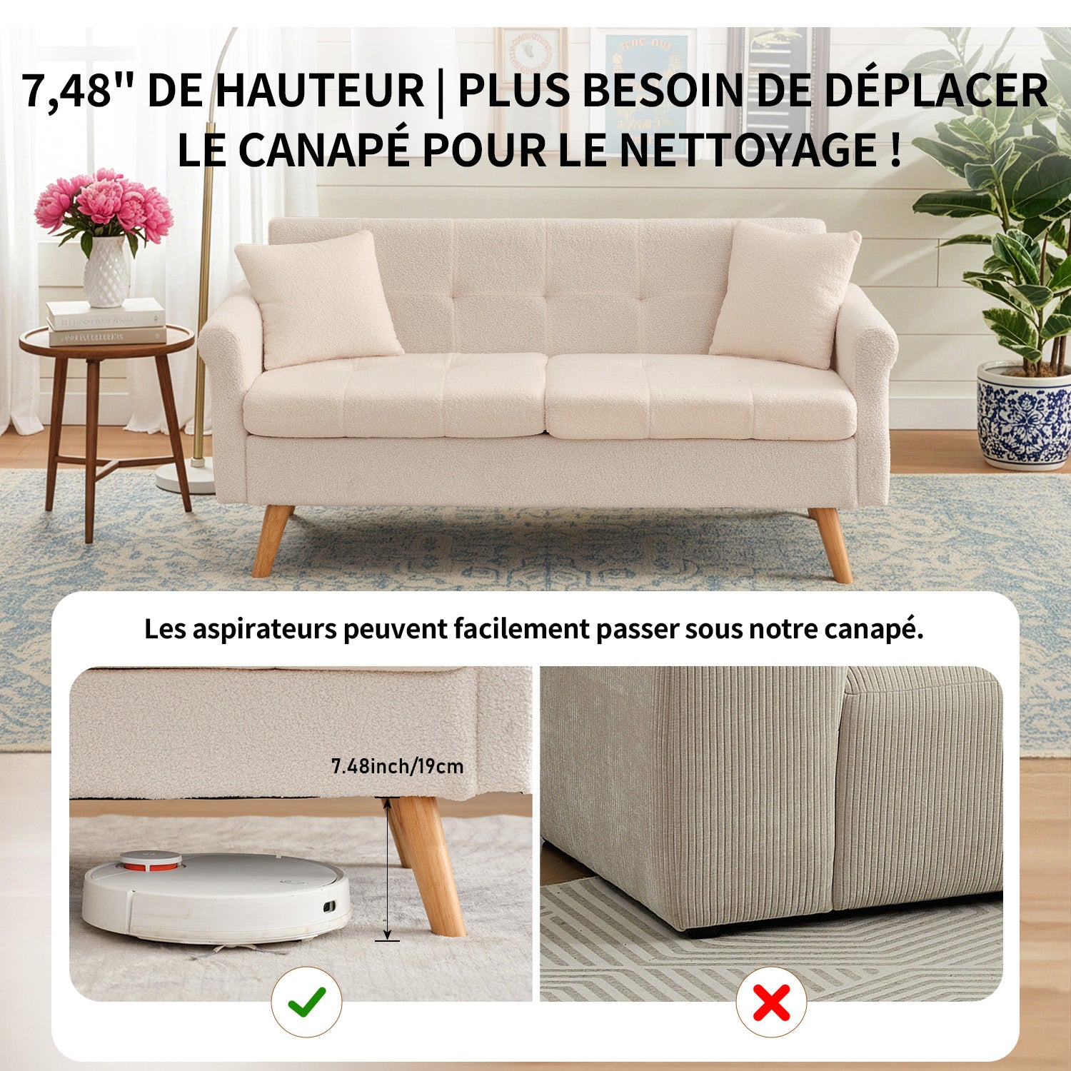 HONEYOU 164 cm Canapé de Salon Moderne Mid-Century, Petit Canapé Rembourré à Boutons Tuftés pour Salon & Chambre, Peluche à Poils Courts, Beige