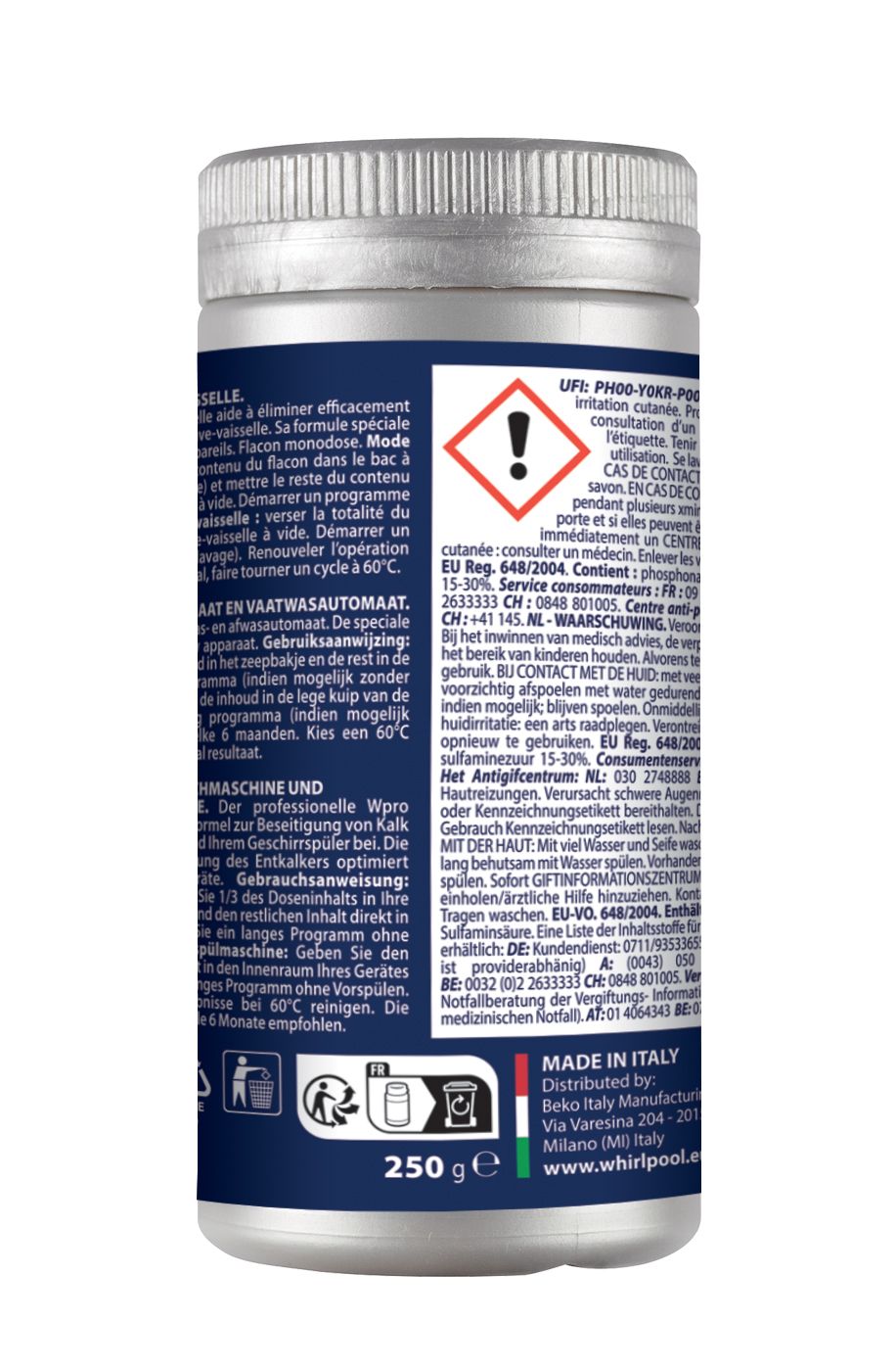 Wpro DES103 Détartrant lave-linge / lave-vaisselle en poudre - flacon monodose 250 g
