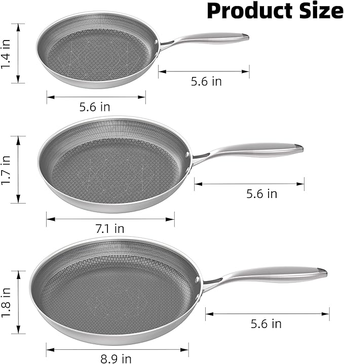 COOKER KING Lot de 3 poêles en acier inoxydable (8 + 10 + 12 pouces), poêles antiadhésives, compatible induction, poêle chef, passe au lave-vaisselle et au four, poignées isolantes, compatible avec tous types de plaques