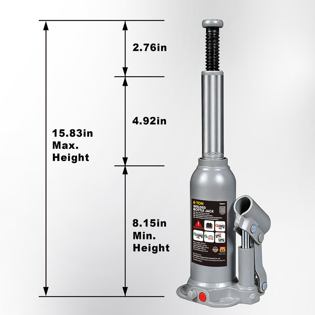 TCE Cric Bouteille Hydraulique Vertical Robuste 6t 207-402mm Base en Acier Forgé Tige de Piston Chromée avec Soupape de Sécurité Anti-Débordement pour Lever des SUVs Pick-Ups Camions