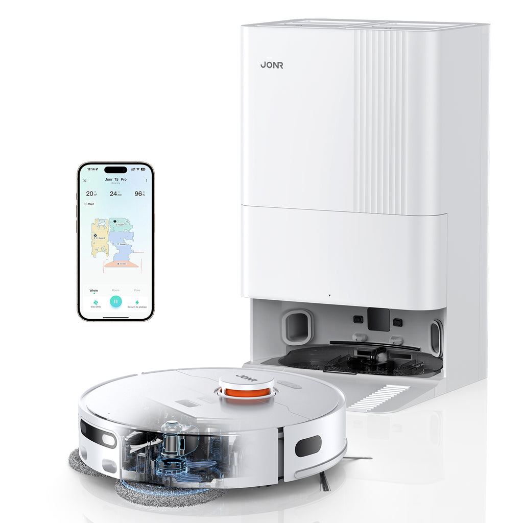 Robot Aspirateur Laveur JONR T5 Pro, Puissance d'Aspiration 8150 Pa, Séchage à l'Air Chaud, Brosse Latérale Anti-Emmêlement, Reconnaissance des Obstacles, Navigation Laser, Station de Base Tout-en-Un