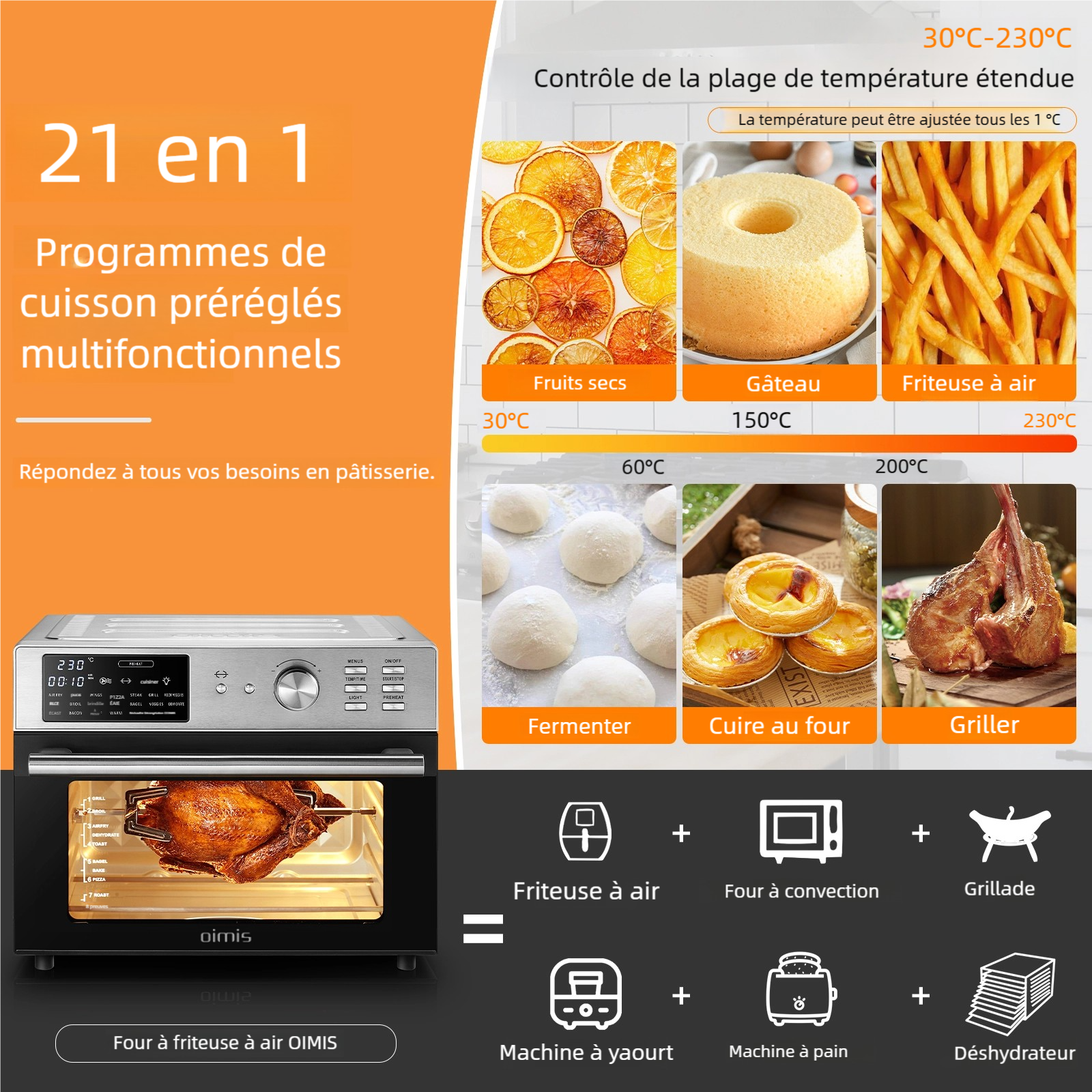 OIMIS Four friteuse à air intelligent en acier inoxydable, 30 L extra-large, 1800 W, 21 programmes, combiné four grille-pain avec rôtissoire et déshydrateur, pour pizza de 33 cm, argenté