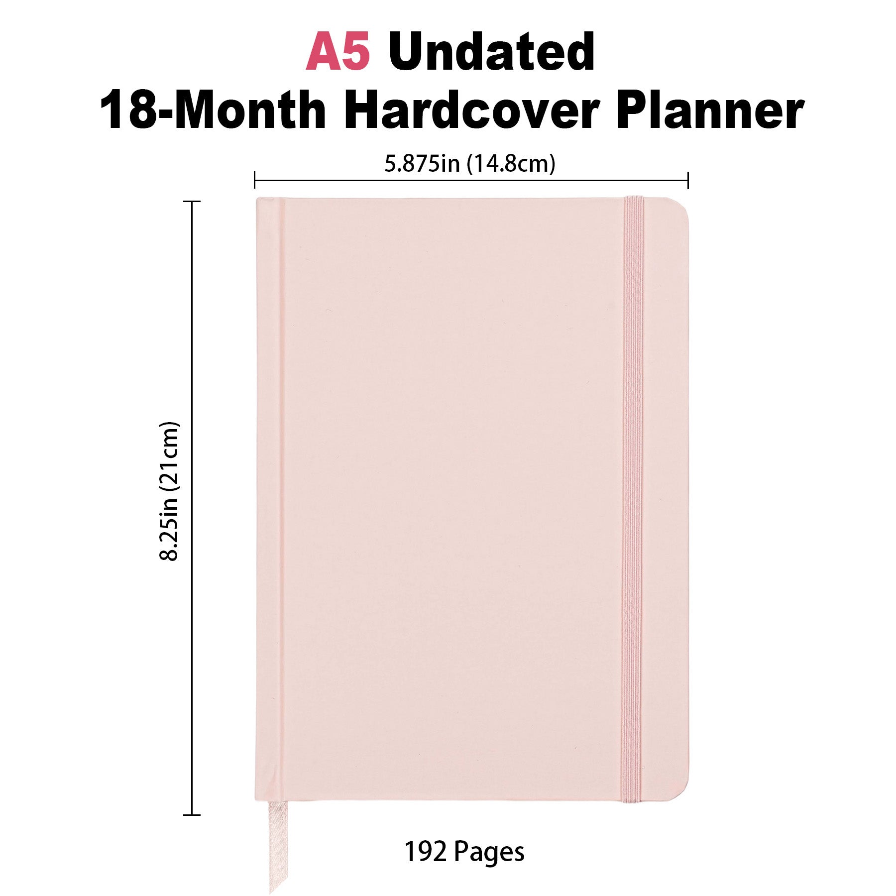 Jubiluu Planificateur cartonné A5 avec marque-page, 18 mois non daté, 100 g/m² - Rose poudré