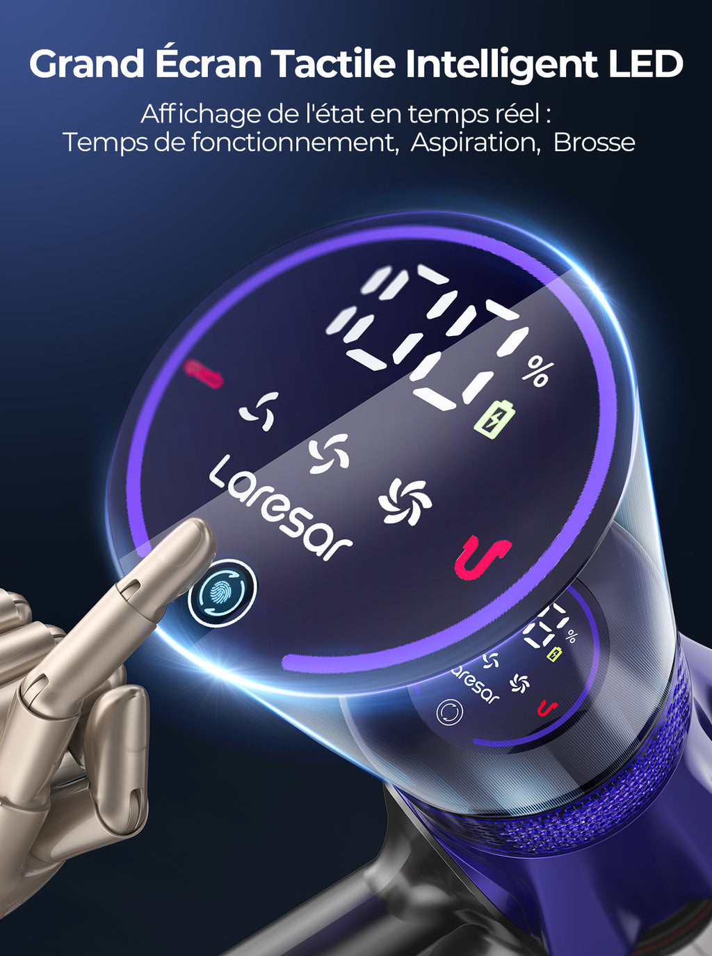 Laresar V7 Aspirateur sans fil, Aspirateur à main léger, Aspirateur balai puissant 50 kPa 500 W, Écran tactile, Autonomie de 60 min, Réglage à 3 vitesses, pour sols durs et tapis