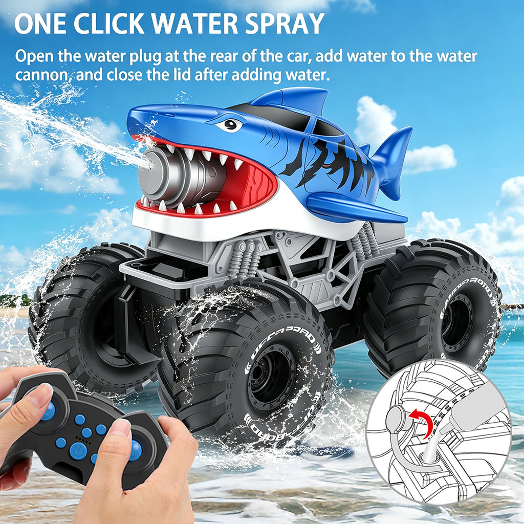 Jouet de monster truck télécommandé Shark, véhicule tout-terrain RC avec brume, lumières LED et commande gestuelle, voiture de requin nageur Big-Foot, véhicule jouet Big-Foot rechargeable. Cadeau pour garçons et enfants, convient aux garçons de 3 ans