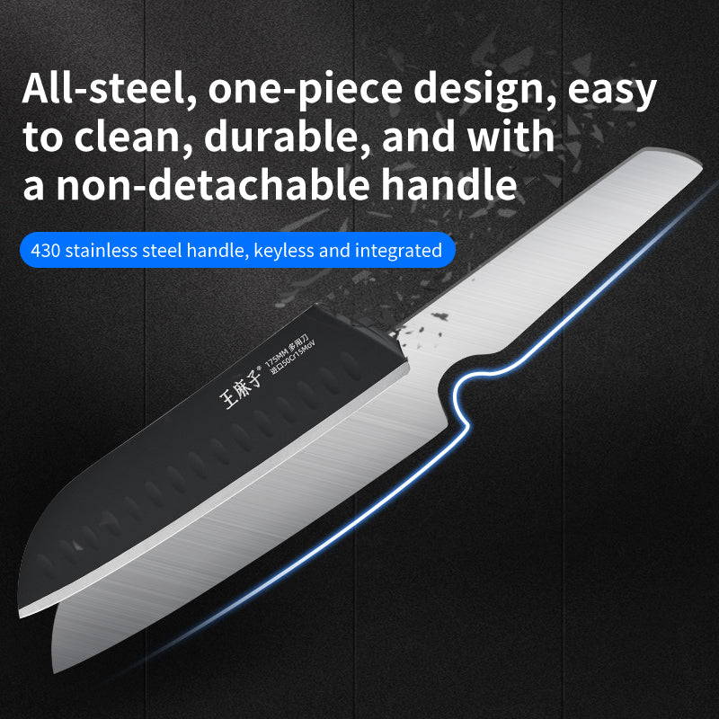 Wangmazi Couteau Santoku allemand 50Cr15MoV polyvalent pour trancher, couper en dés et hacher, avec manche en acier inoxydable 430