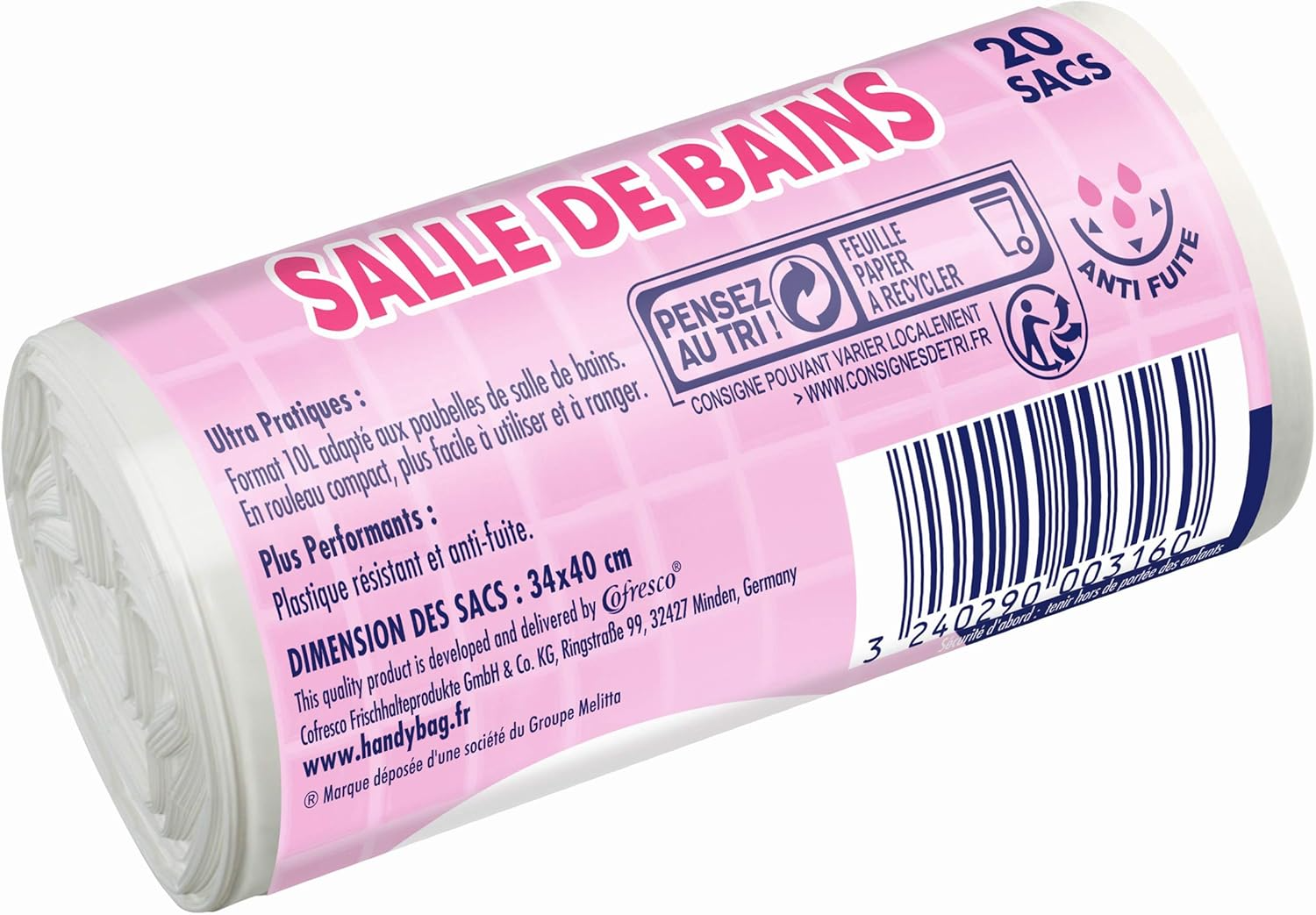 Handy Bag Sacs Poubelle à Liens Coulissants pour Salle de Bain, 10 L, 20 Sacs, Fond Anti-fuite