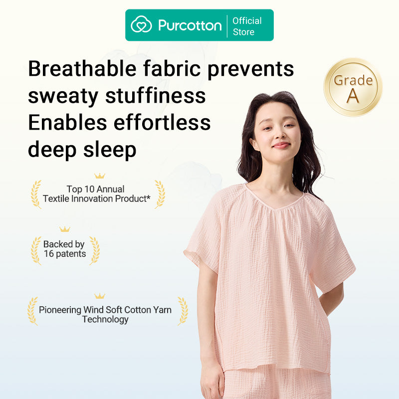 Purcotton Ensemble de loungewear en gaze Airysoft pour femme - Style pantalon de survêtement - Doux pour la peau, reposant et style décontracté - Rose doux mandarine - Haut : 160/84A ; Bas : 160/68A