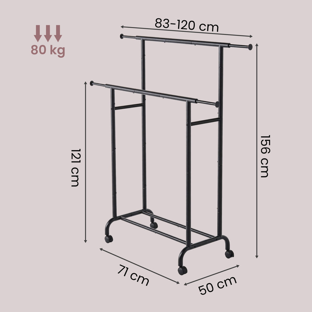 JOYFURNOS Portant à Vêtements Double avec Roulettes, Tringle à Vêtements Réglable, Cadre en Métal Robuste pour Chambre, Charge de 80 kg, Noir