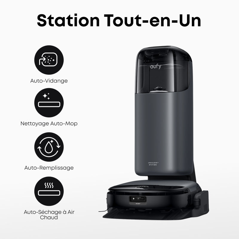 eufy Omni S1 – Robot aspirateur, système de lavage des sols révolutionnaire, Station UniClean 10-en-1 pour un nettoyage sans tracas, aspiration puissante de 8 000 Pa, nettoyage précis des bords aux coins