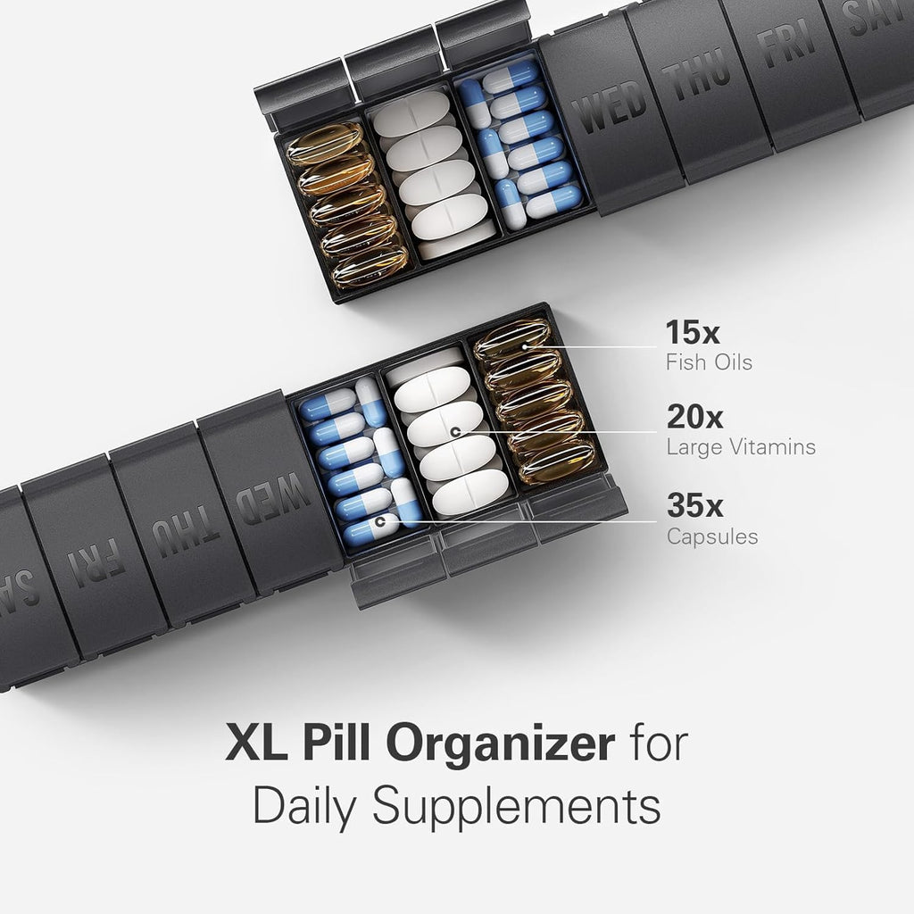 Organiseur de Pilules 7 Jours VVM, Boîte à Médicaments Hebdomadaire, Coffret de Pilules de Voyage, Convient aux Grosses Vitamines, Compléments, Huile de Poisson, Noir + Blanc Lot de 2
