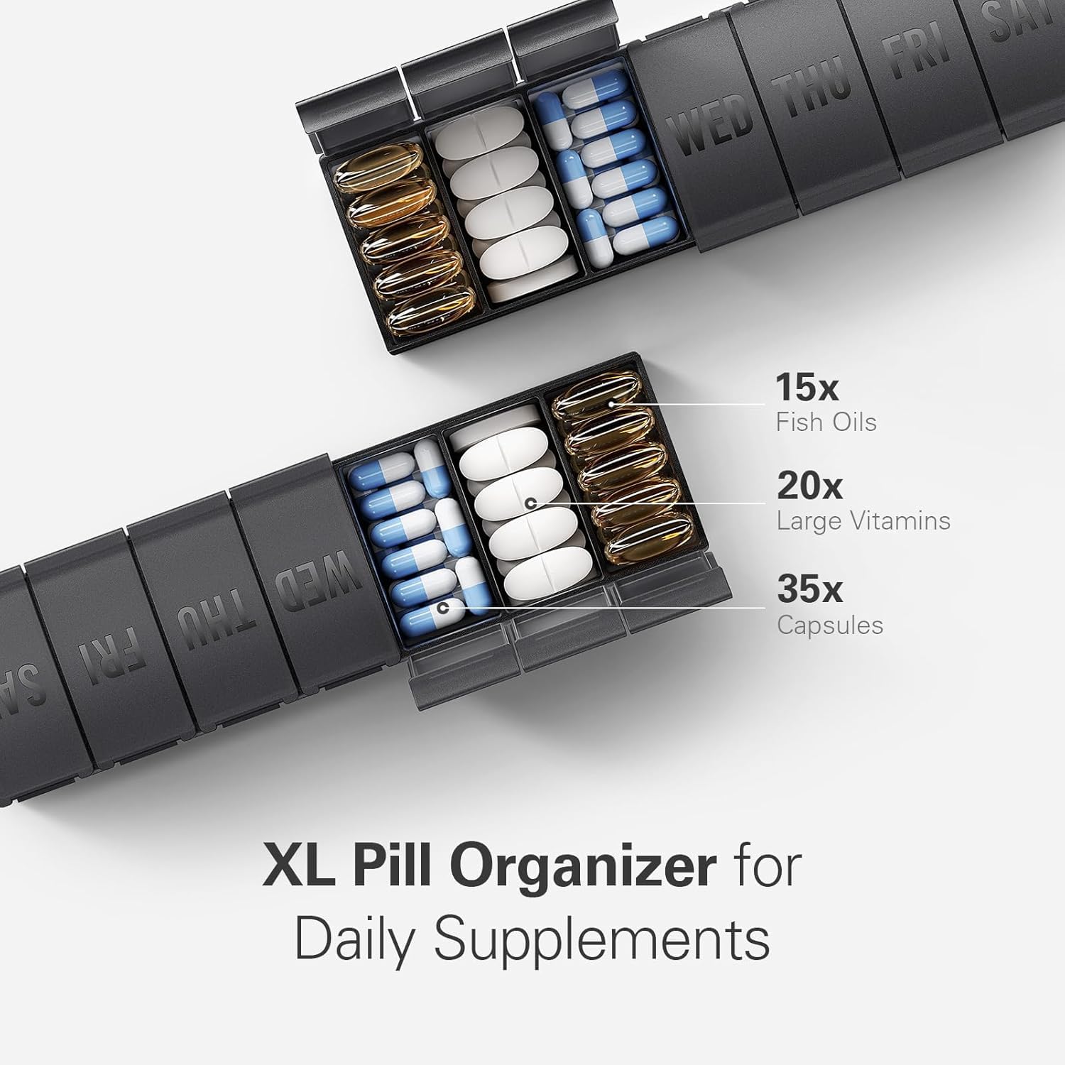Organiseur de Pilules 7 Jours VVM, Boîte à Médicaments Hebdomadaire, Coffret de Pilules de Voyage, Convient aux Grosses Vitamines, Compléments, Huile de Poisson, Noir + Blanc Lot de 2