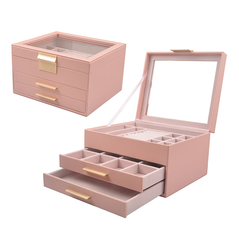 JORDAN&JUDY Boîte à Bijoux Multi-Couches - 3 Niveaux Rose, Coffret de Rangement pour Bagues, Boucles d’Oreilles et Colliers