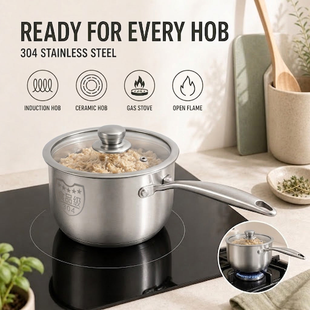 PURECOOK Série Casserole en acier inoxydable 304 | avec poignée en acier et couvercle combiné