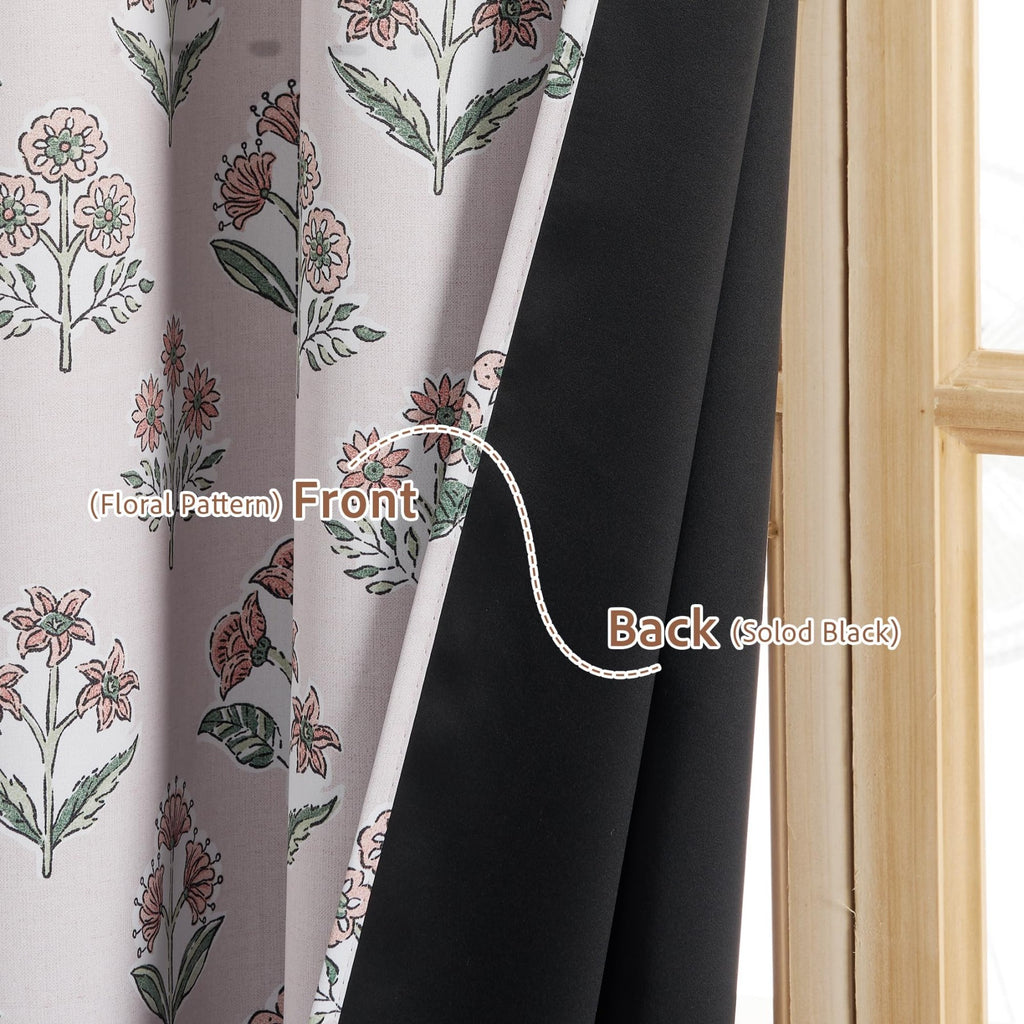 PONY DANCE Rideaux 100 % Occultants 2 Panneaux, Motif Floral Délicat en Rose Clair, Style Bohème Chic Rideaux Isolants Thermiques pour Salon, Chambre, Chambre d'Enfant, L 132 x H 245 cm