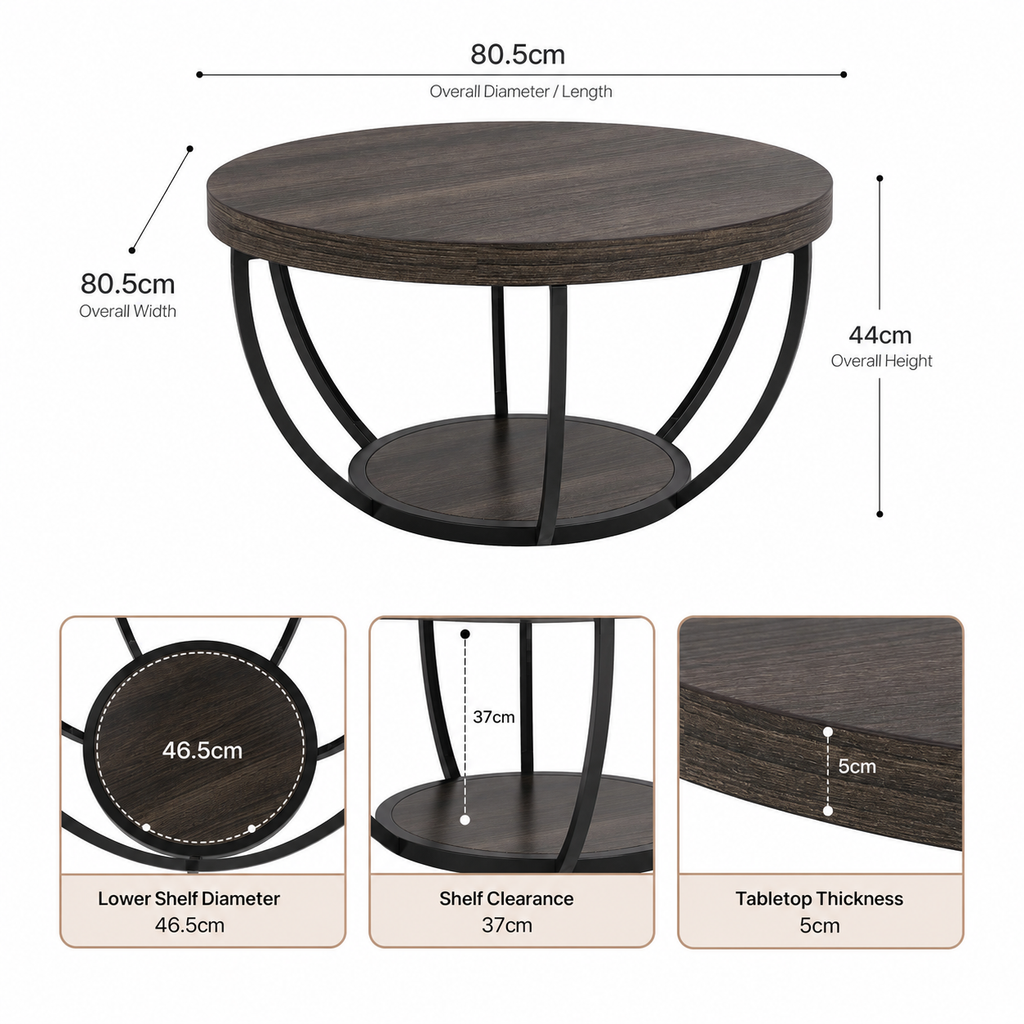 LANTINE Table basse ronde 80 cm à 2 niveaux avec étagères de rangement - Gris