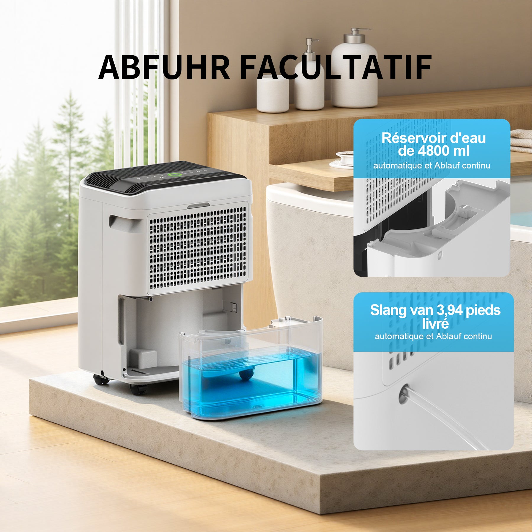ELECCI Déshumidificateurs 25 L/j, Réservoir d’eau 4,8 L, 3 vitesses, R290, Minuterie 24 h, Évacuation continue avec tuyau d’évacuation, Idéaux pour pièces 50 m².