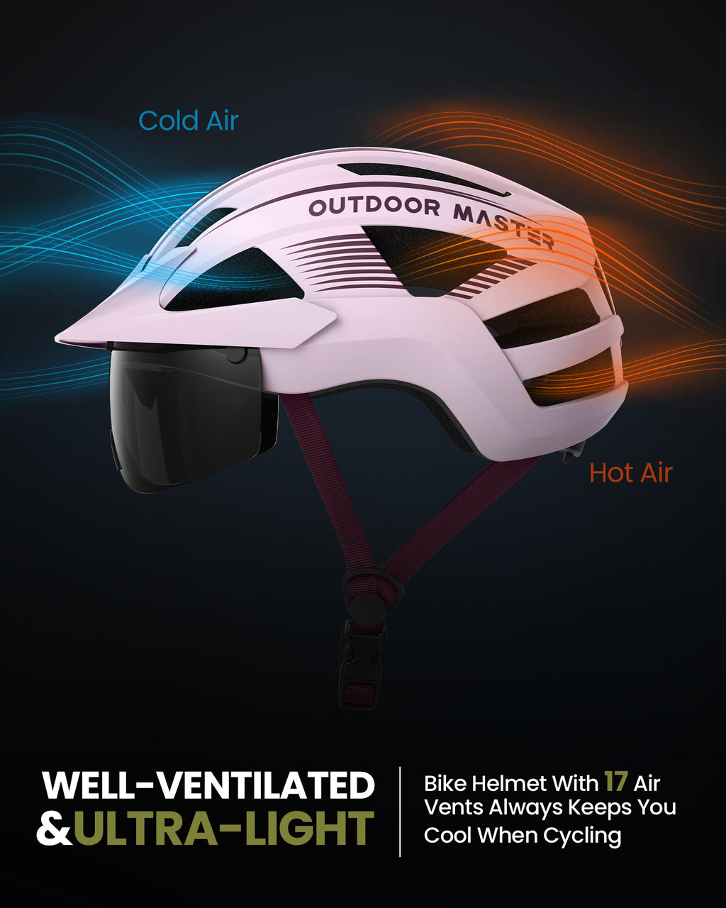 OutdoorMaster Casque de vélo RhinoUrban avec lunettes et éclairage Rose L 58-61 cm
