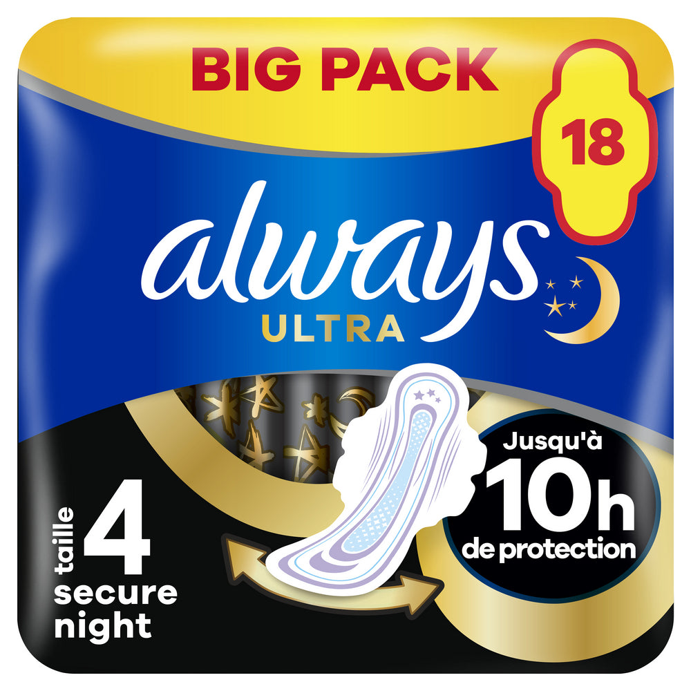 Always Ultra Serviettes Menstruelles Secure Night (taille 4) Avec Ailettes 18 Serviettes, Super Absorbantes Et Ultra-Fines, Pour Règles