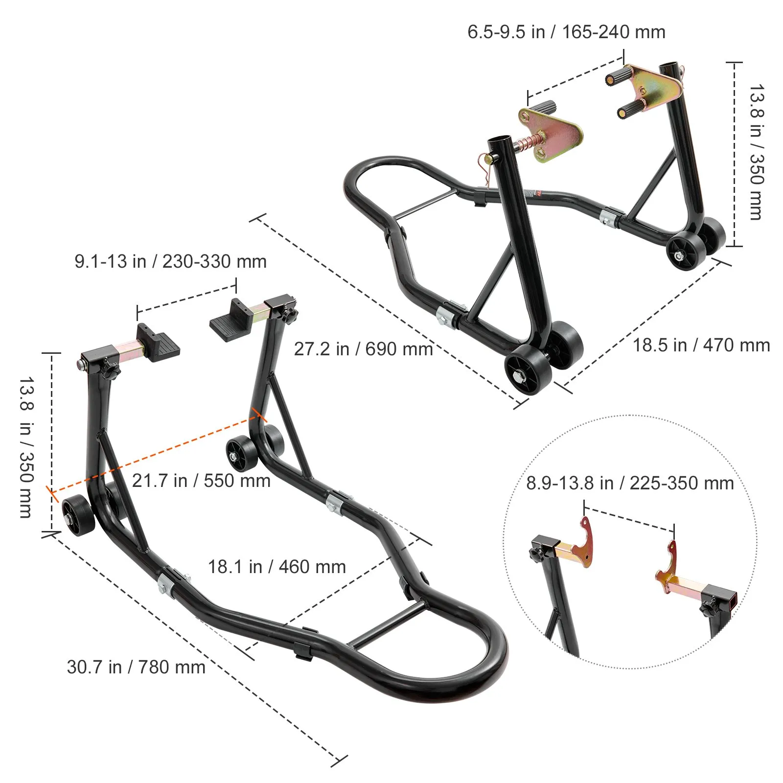 VEVOR Kit de Support de Piste pour Moto, Capacité de Charge de 386 kg, Support de Levage pour Roues Avant et Arrière avec Fourche L, Fourche U et Adaptateurs à Double Fourche