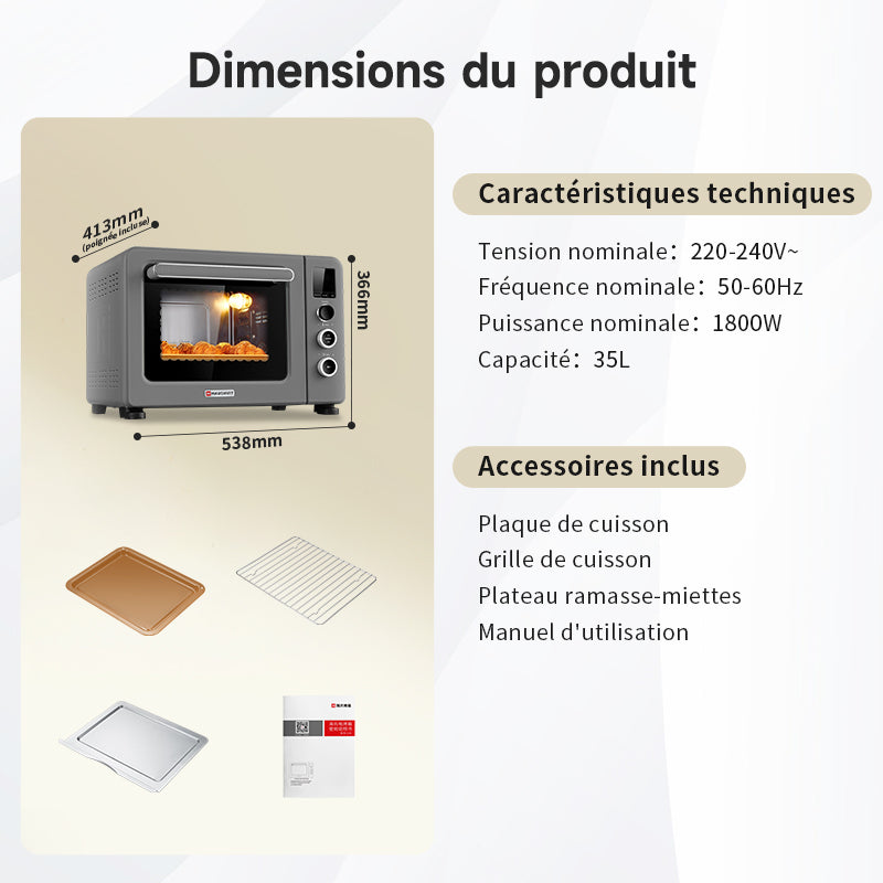 Hauswirt C40 four de convection intelligent avec thermomètre intégré, 35 L, grande capacité, 4 niveaux de grille, écran LED, gris