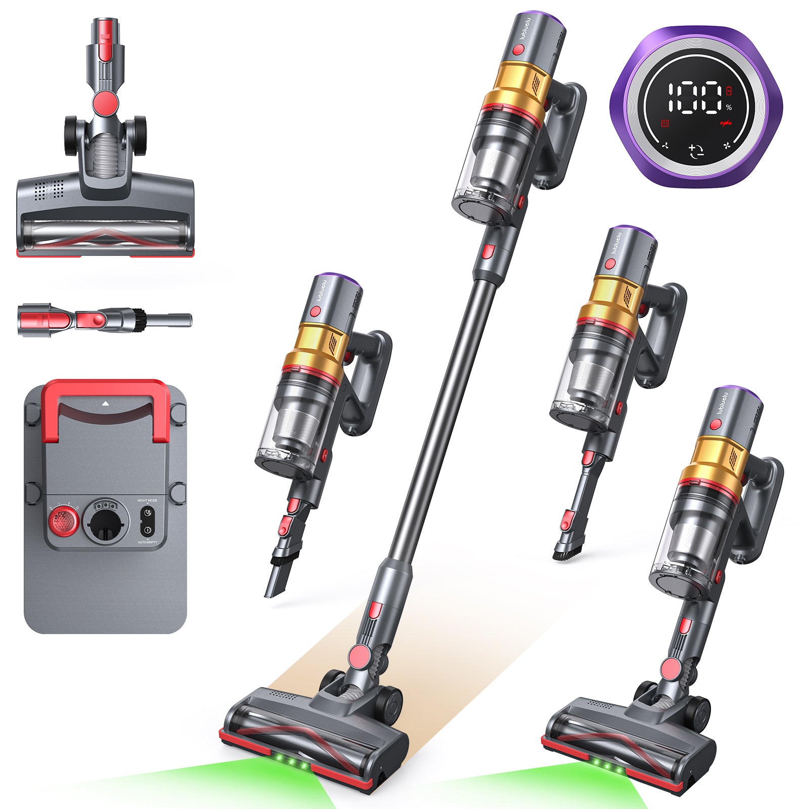 Lubluelu X1000 Aspirateur balai sans fil avec batterie et station de dépoussiérage à vidange automatique, 2,5 L - Or