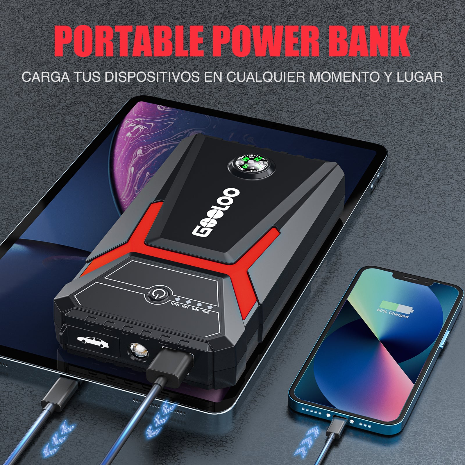 (GOOLOO10) Démarreur de voiture GOOLOO GE1500 avec batterie externe, démarreur de secours 1500 A, boosteur de batterie de voiture 12 V extrêmement sûr