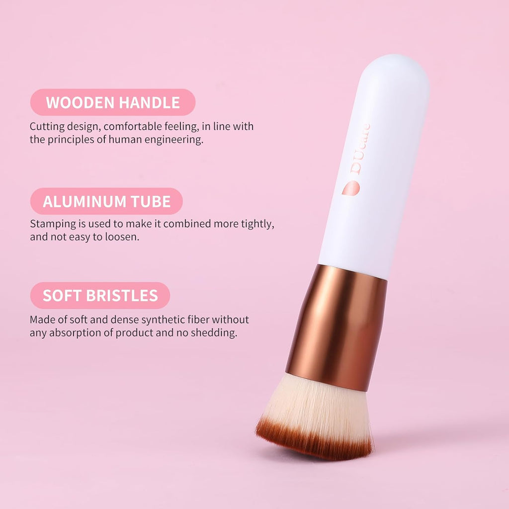 DUcare Pinceau de maquillage kabuki plat synthétique pour fond de teint liquide et poudre minérale - Or rose/blanc