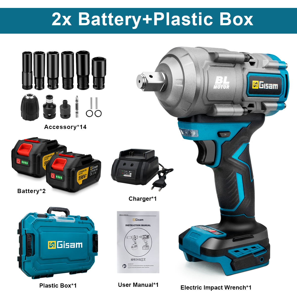 GISAM Clé à chocs électrique brushless sans fil 2000N.m 1/2 pouce, compatible avec batterie Makita 18 V