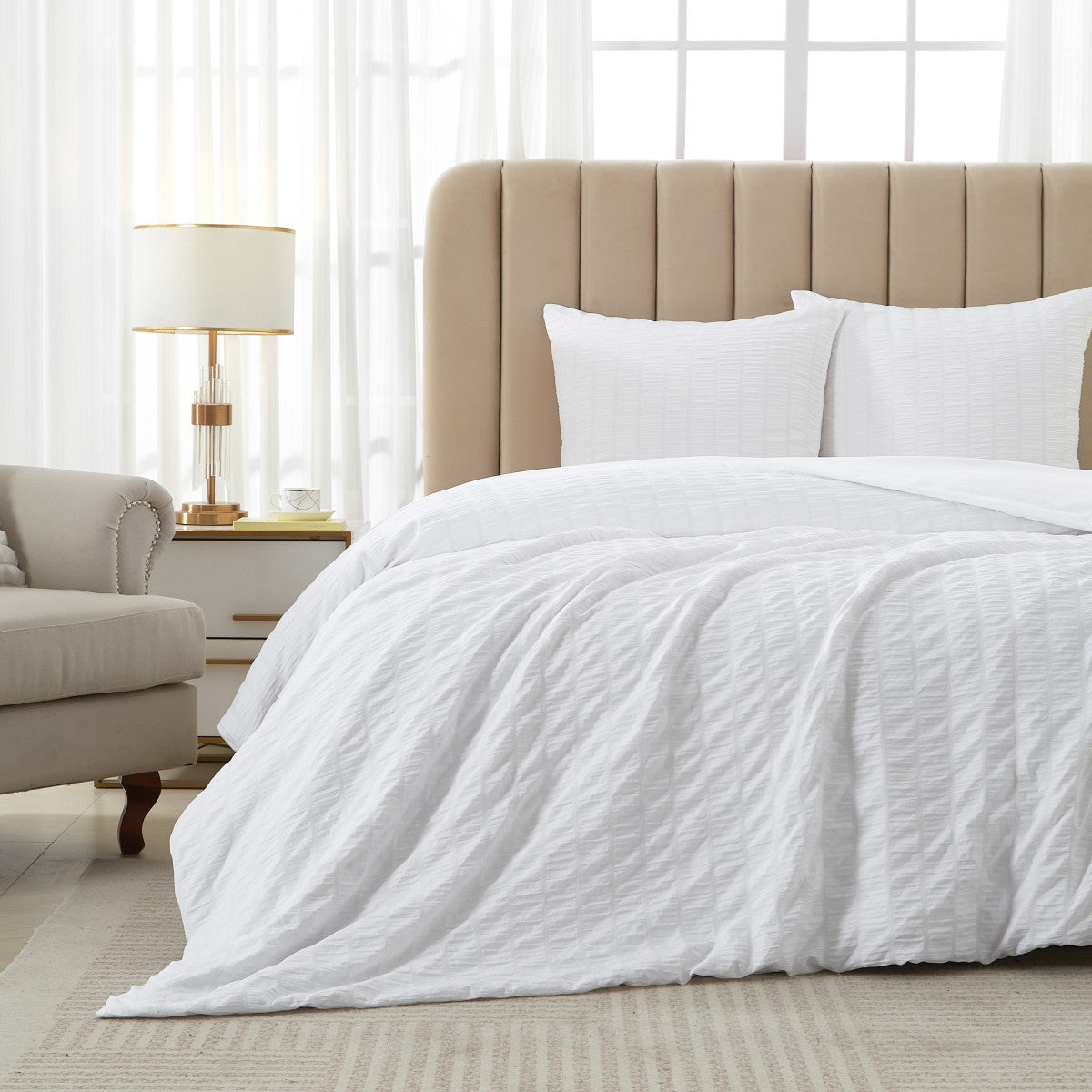 MEEALLHOME Parure de lit Seersucker blanc - 1 housse 155 x 220 cm et 2 taies 80 x 80 cm