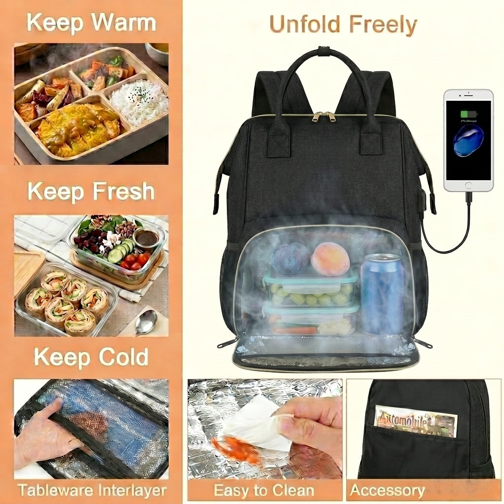 Sac à dos de voyage isotherme pour ordinateur portable 15,6 pouces pour femmes et hommes avec port USB, fonction glacière imperméable, Noir