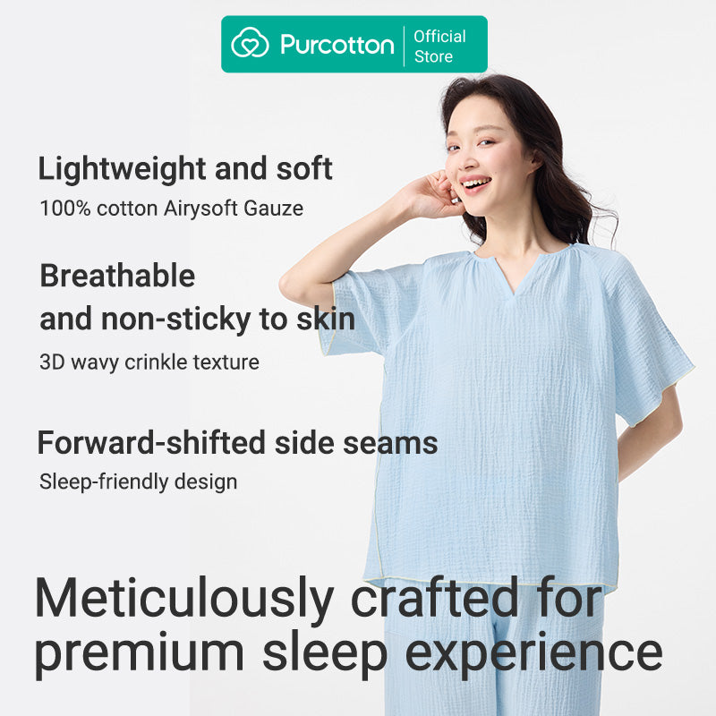 Purcotton Ensemble de loungewear en gaze Airysoft pour femme - Style pantalon long, respectueux de la peau, style reposant et décontracté - Bleu pur - Haut : 160/84A ; bas : 160/68A