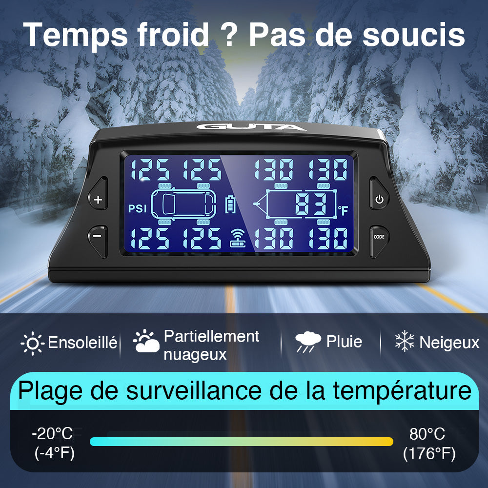 GUTA GT40+4GS02 Système de surveillance de la pression des pneus pour camping-cars/remorques avec 4 capteurs, TPMS de 0 à 188 PSI, chargement solaire, 6 modes d'alarme