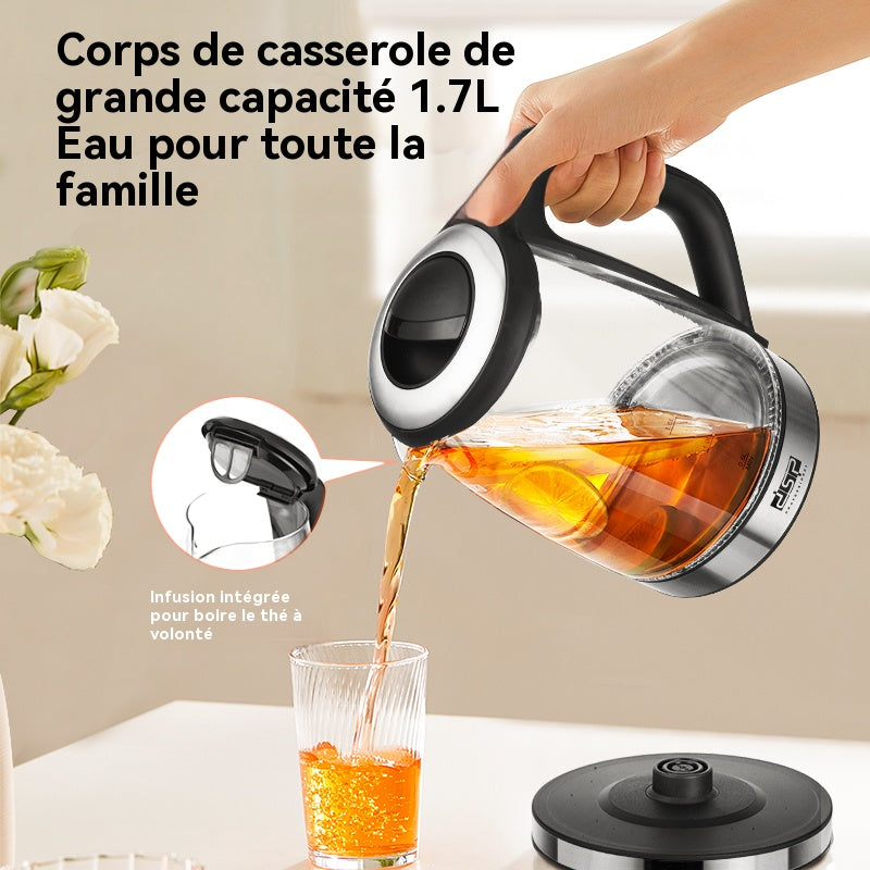 DSP Bouilloire électrique en verre 1,7 L, 2 200 W, ébullition rapide, base à 360°, éclairage LED (Modèle KK1273)