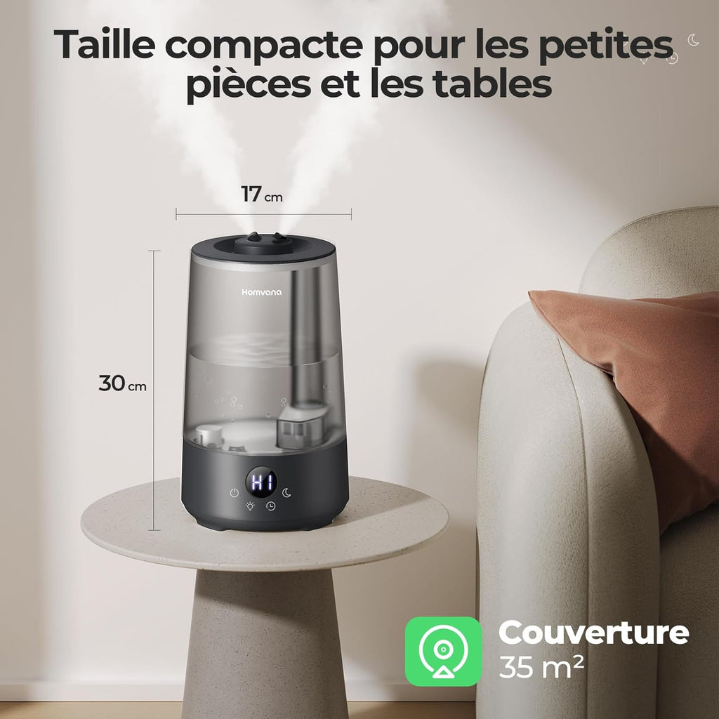 Homvana Humidificateur H101 3,6 L Noir - Remplissage par le haut, Pulvérisation silencieuse, Autonomie 34 h, Silencieux 16 dB, Diffuseur d'arômes et veilleuse