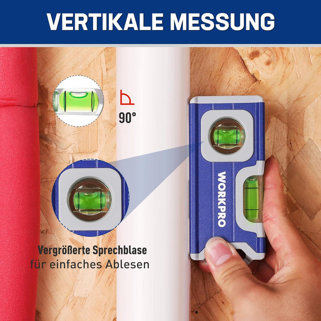 WORKPRO Mini niveau à bulle magnétique en alliage d'aluminium avec trou de suspension et aimant puissant 115 mm, 2 niveaux 90°/180°