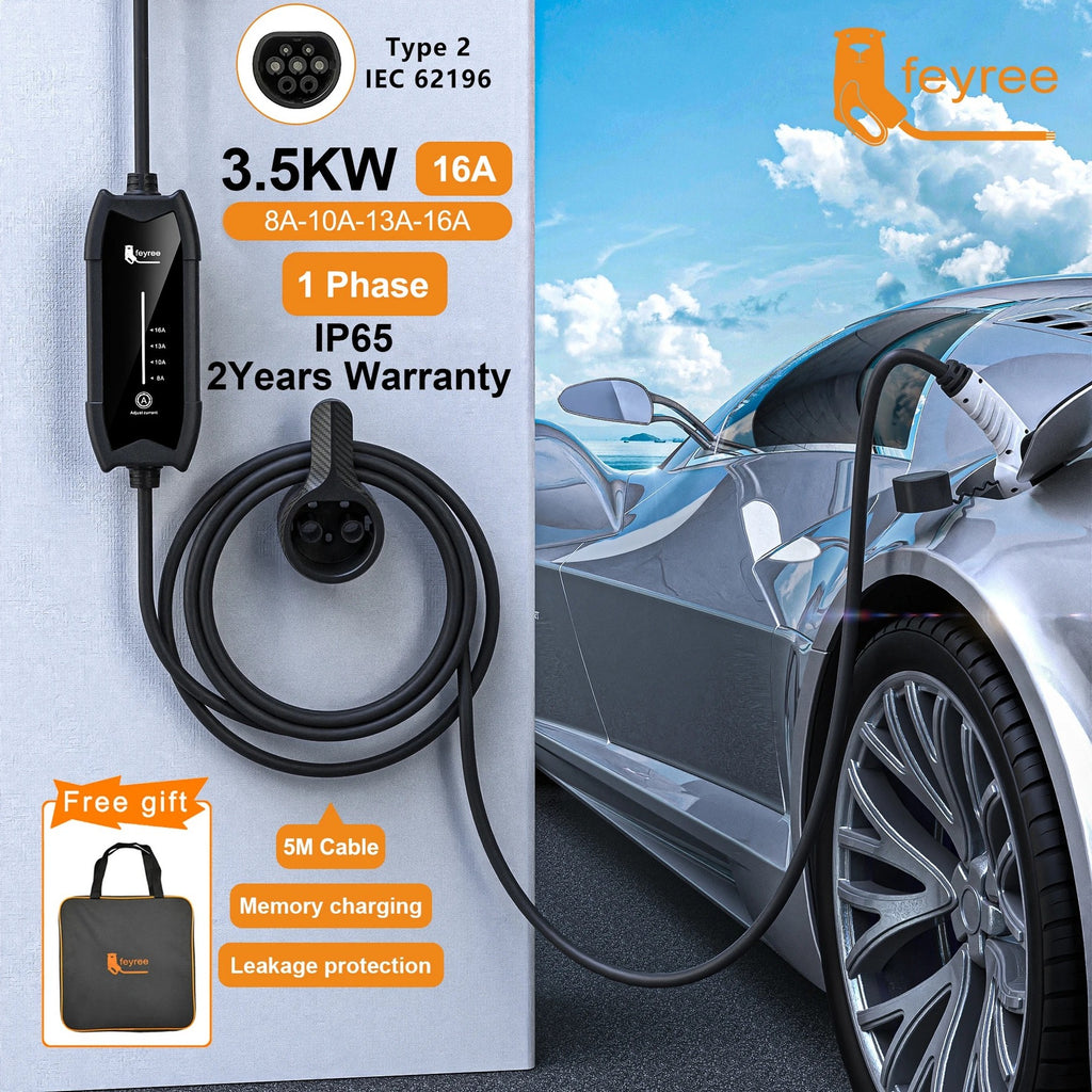 Feyree Chargeur portable Type 2 pour véhicule électrique 3,5 kW 16 A monophasé, Boîtier de charge à courant réglable, Câble 5 m, Station de charge pour véhicule électrique