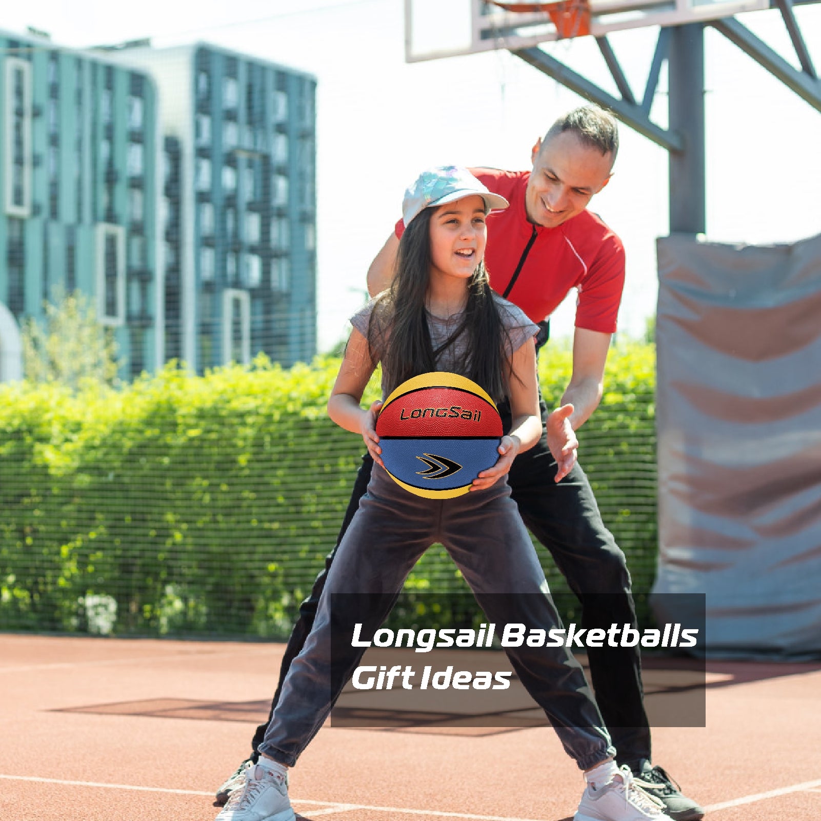 LONGSAIL Ballon de basketball en caoutchouc haute qualité (27,5 po) taille 5 rouge/jaune/bleu
