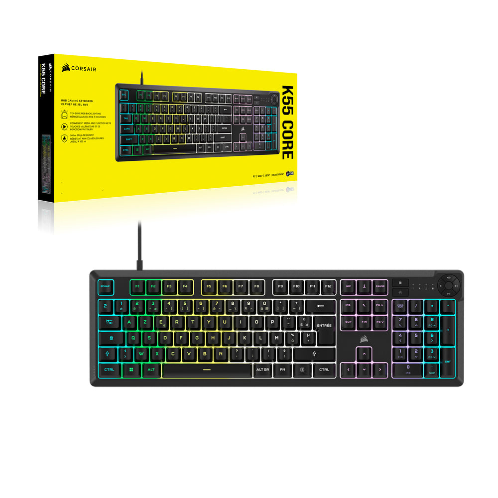 Corsair K55 CORE Clavier Gaming Membrane Filaire RGB Full Size - AZERTY - Noir