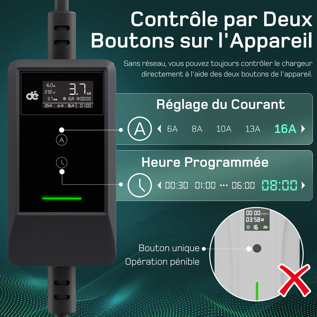 dé Chargeur EV 3,7 kW avec application 7 m 6–16 A réglable Type 2 Schuko Chargeur de voiture électrique Plug & Play avec écran LCD, IP66, et DDR Type A 30 mA AC + 6 mA DC, Câble de charge de voiture électrique pour EV/PHEV, Noir