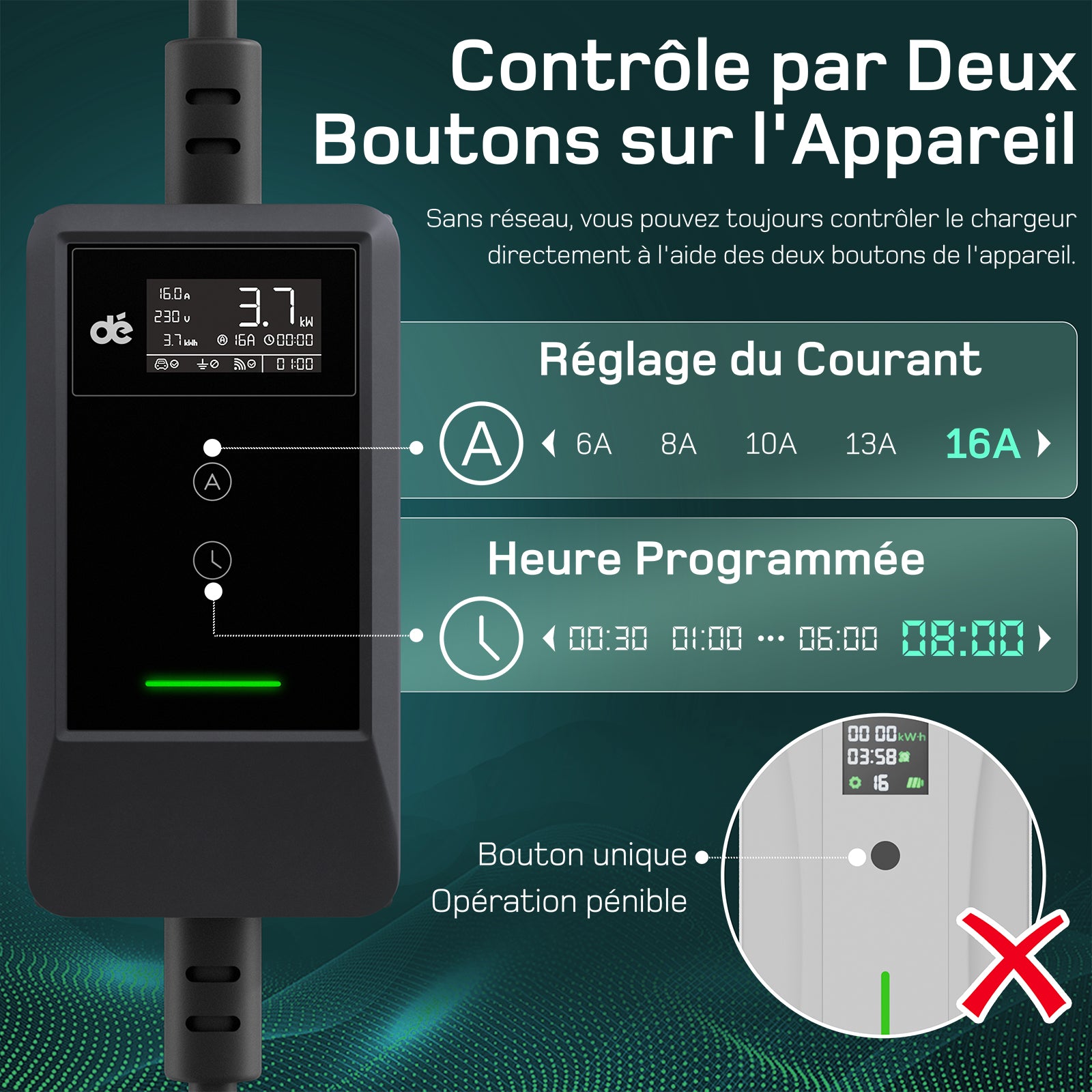 dé Chargeur EV 3,7 kW avec application 7 m 6–16 A réglable Type 2 Schuko Chargeur de voiture électrique Plug & Play avec écran LCD, IP66, et DDR Type A 30 mA AC + 6 mA DC, Câble de charge de voiture électrique pour EV/PHEV, Noir
