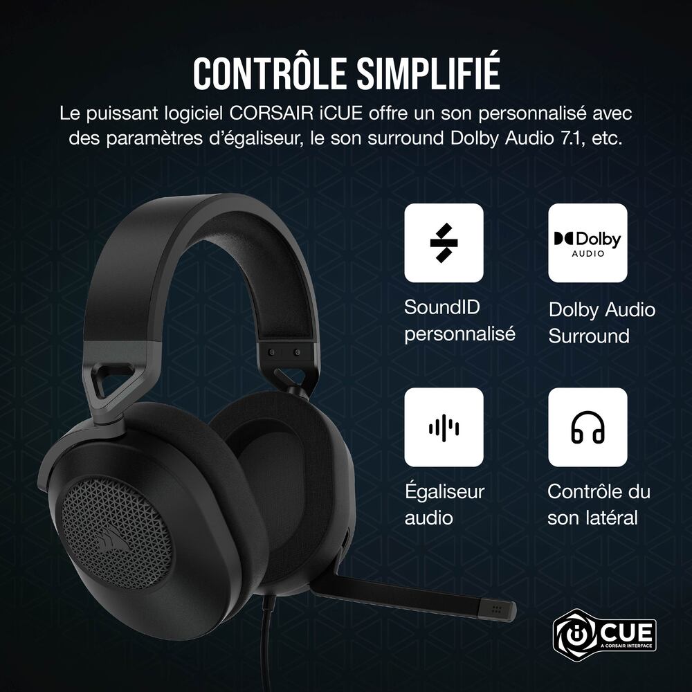 Corsair HS65 Surround Casque Gaming Filaire (Jack 3,5 mm) - Micro rabattable - Carbone