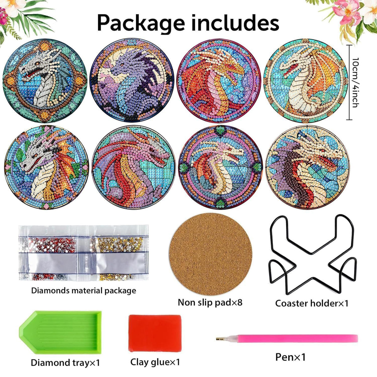Ju7cer Ensemble de 8 sous-verres de peinture diamant avec support - Dragon arbre de la vie DIY | Débutant adulte artisanat de perçage rond complet 4×4 pouces (10×10 cm)